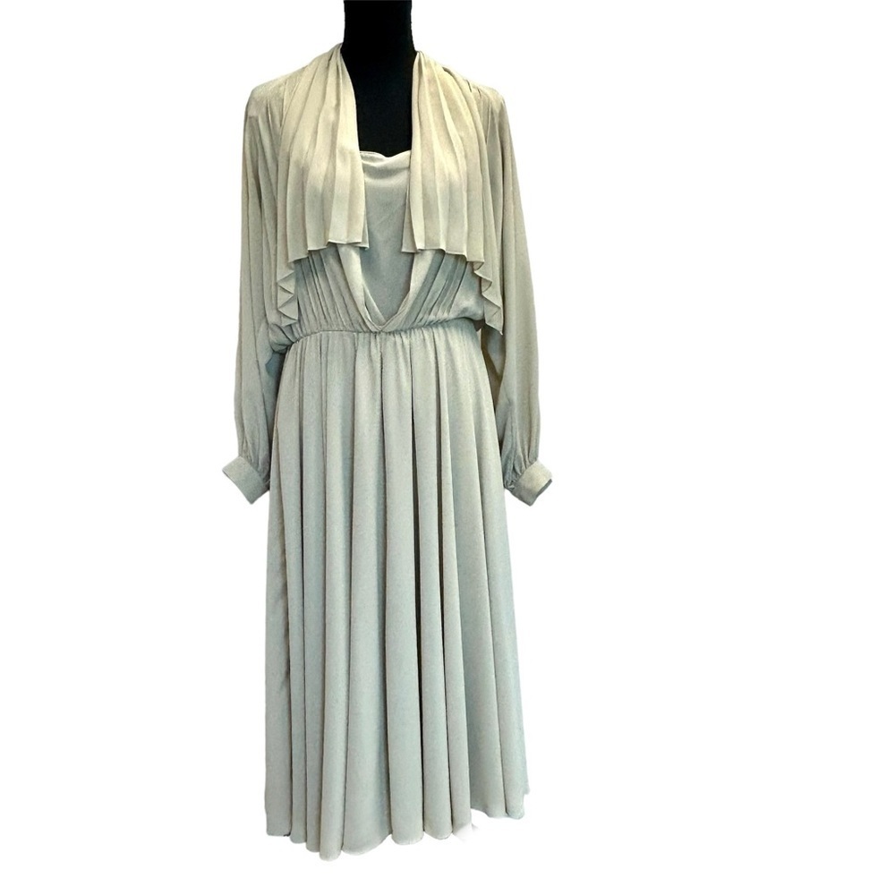 Wayne Clark Aline Marelle Vintage beige cream pleated midi dress Sz 12 - Picture 3 of 16